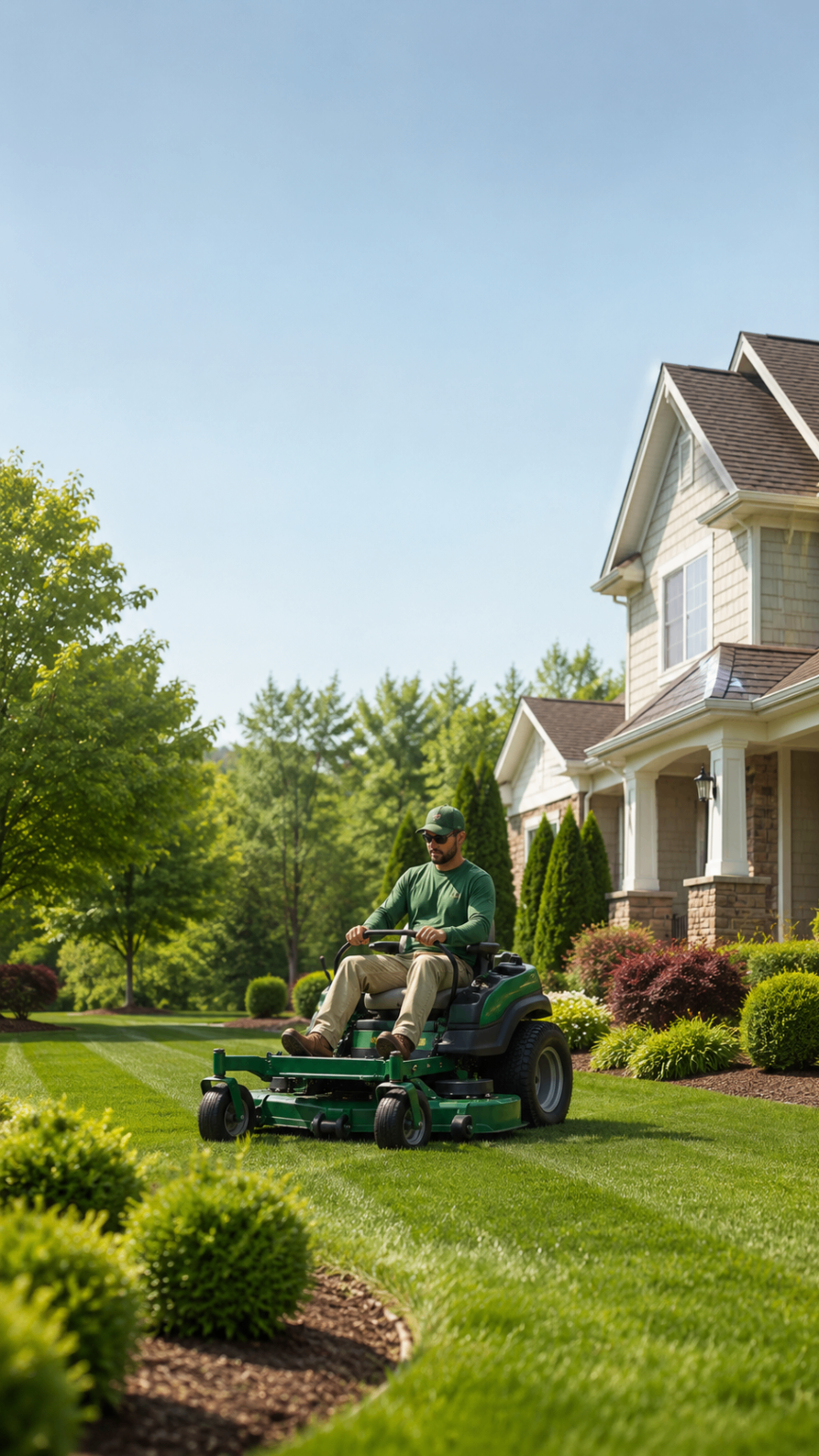 Landscaping crew maintaining a residential property