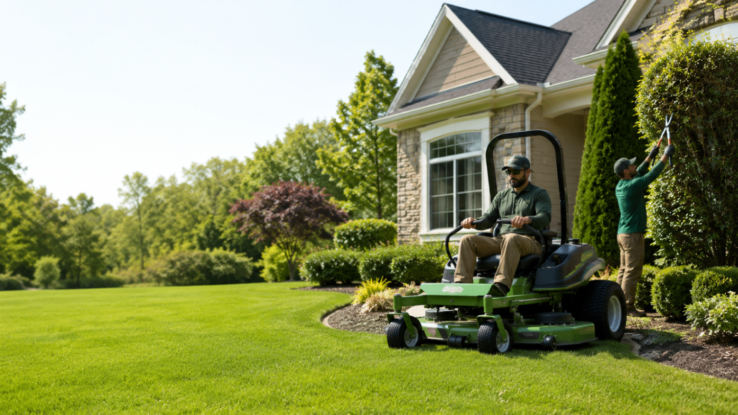 Landscaping crew maintaining a residential property